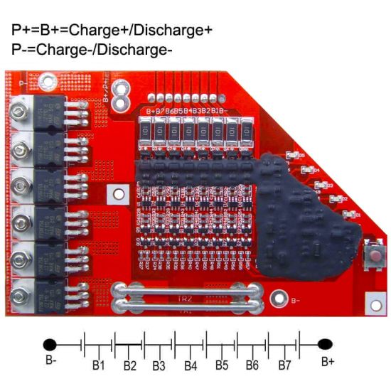 8s 15A PCM BMS for 28.8V 29.6V Li-ion/Lithium/ Li-Polymer 24V 25.6V LiFePO4 Battery Pack with LED Power Indicator (PCM-L08S15-466)