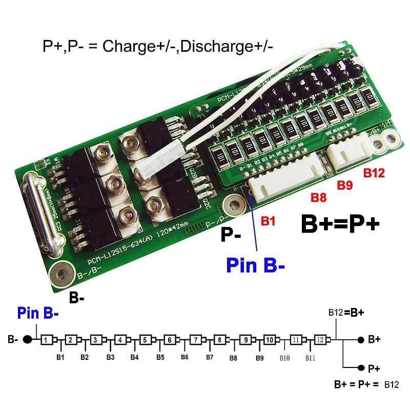 12s 15A PCM BMS for 42V 44.4V Li-ion/Lithium/ Li-Polymer 36V 38.4V LiFePO4 Battery Pack Size L120*W42*T10mm (PCM-L12S15-634)