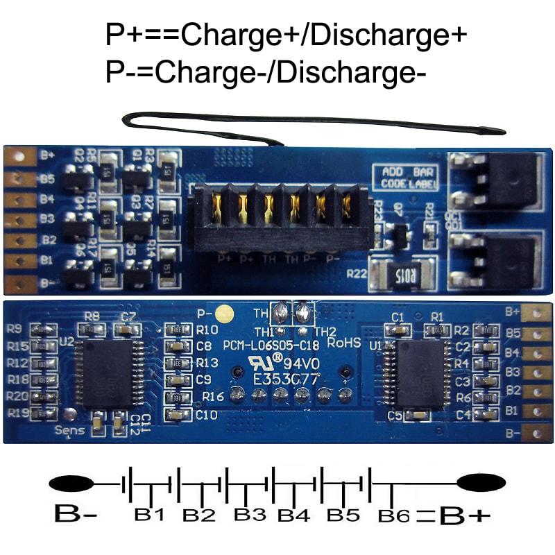6s 5A PCM BMS for 21.6V 22.2V Li-ion/Lithium/ Li-Polymer 18V 19.2V LiFePO4 Battery Pack with Terminals (PCM-L06S05-C18)