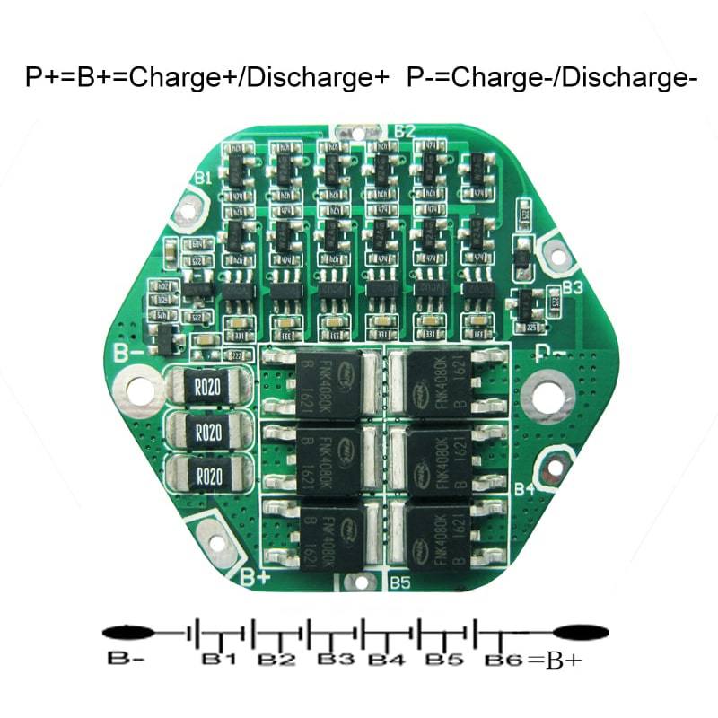 6s 15A PCM BMS for 21.6V 22.2V Li-ion/Lithium/ Li-Polymer 18V 19.2V LiFePO4 Battery Pack Size L48*W44*T3.5mm (PCM-L06S15-C61)