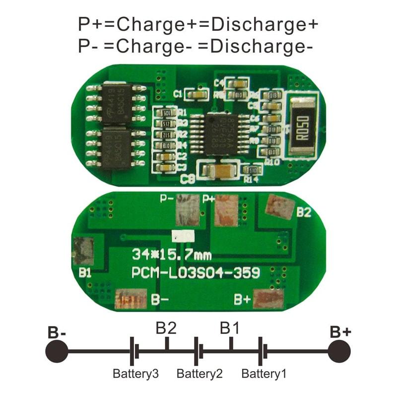 3s 4A PCM BMS for 10.8V 11.1V 12V Li-ion/Lithium/ Li-Polymer 9V 9.6V LiFePO4 Battery Pack Size L34*W15.7*T3.5mm (PCM-L03S04-359)