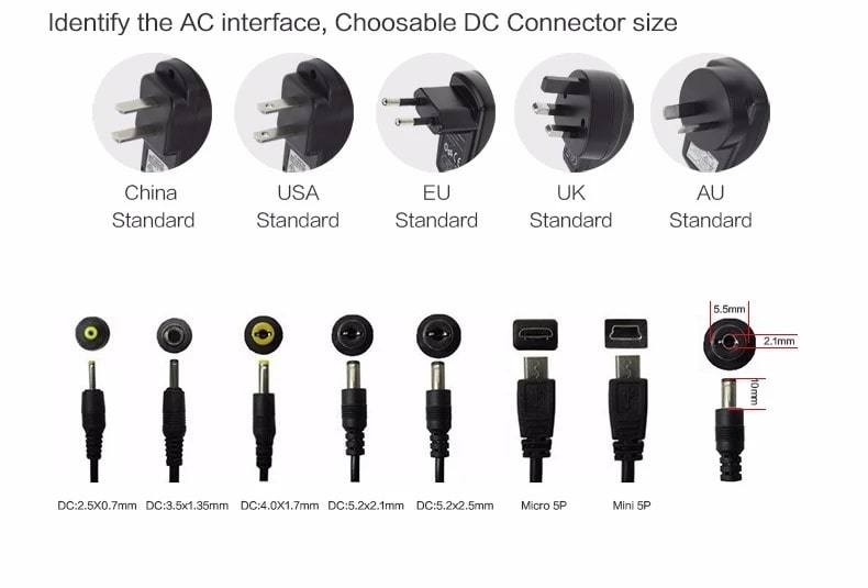 Interchangeable Plug Adapter EU/Us/UK/Au/Kc/Rsa/Cn/PSE/Bra Standard 9V 0.5A Power Supply