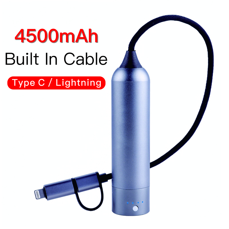 2022 new product Aluminum alloy portable 4500mAh Power Bank With 2 in 1 Built-in 2A Quick Cable Type C Android Lightning