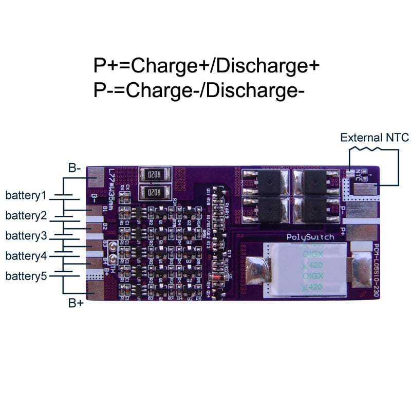 5s 10A PCM BMS for 18V 18.5V Li-ion/Lithium/ Li-Polymer 15V 16V LiFePO4 Battery Pack with External Ntc (PCM-L05S10-230)