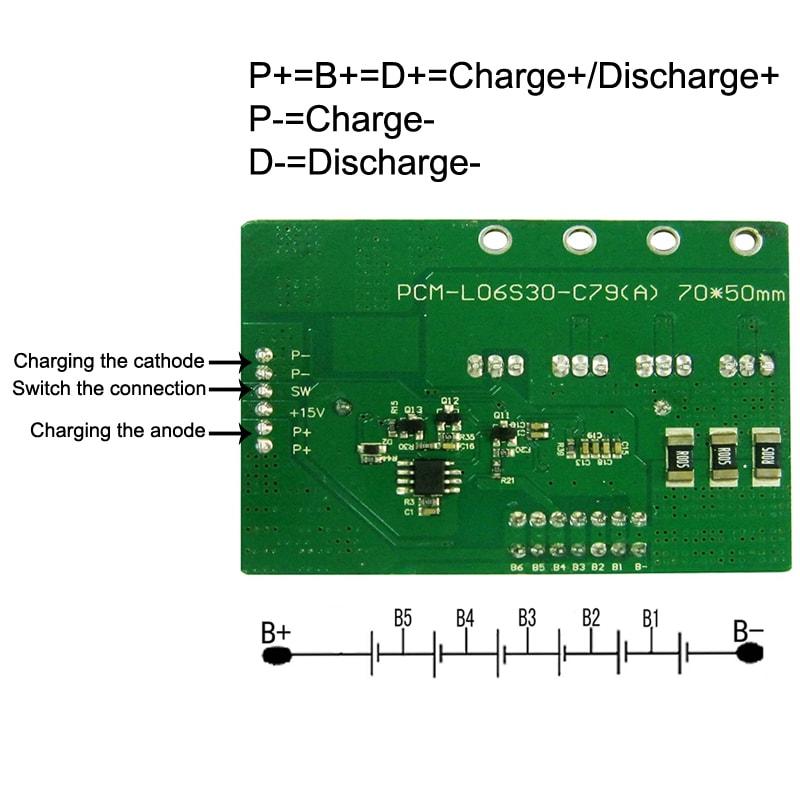 3s-6s C: 5A D: 30A PCM BMS for 21.6V 22.2V Li-ion/Lithium/ Li-Polymer 18V 19.2V LiFePO4 Battery Pack with Weak Current Switch (PCM-L06S30-C79)