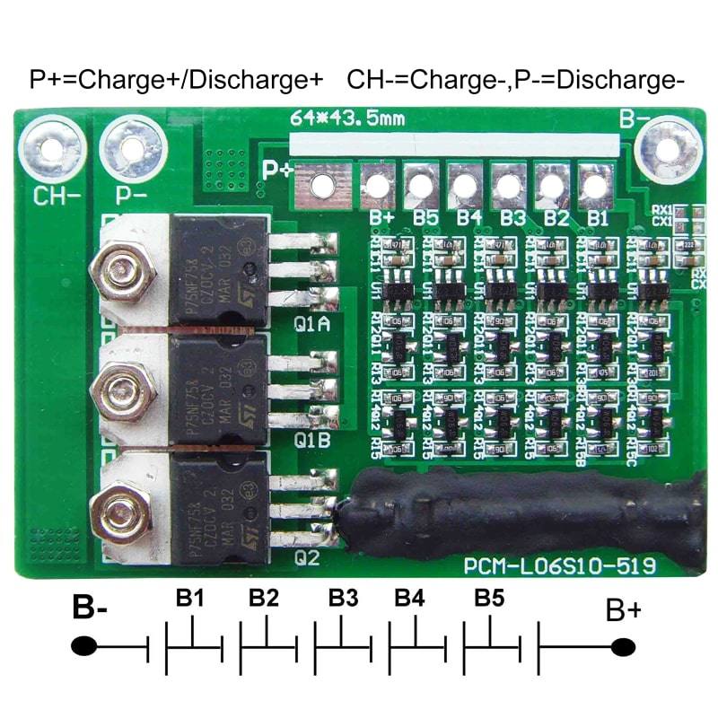 6s C: 5A D: 10A PCM BMS for 21.6V 22.2V Li-ion/Lithium/ Li-Polymer 18V 19.2V LiFePO4 Battery Pack Size L64*W43.5*T8mm (PCM-L06S10-519)