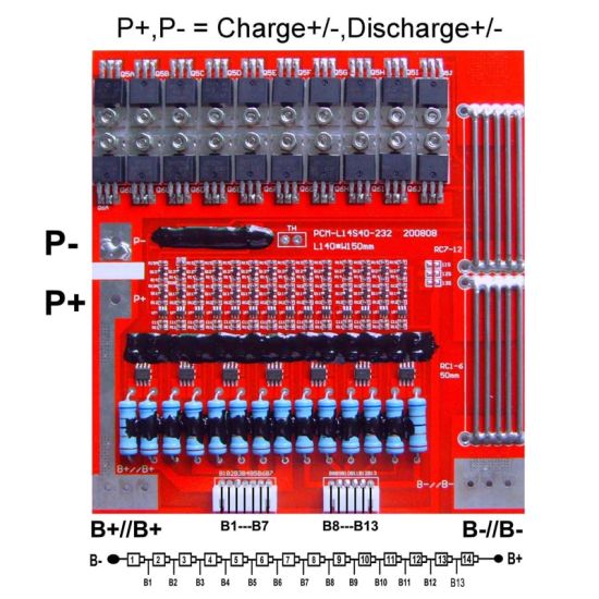 7s-14s 50A PCM BMS for 50.4V 51.8V Li-ion/Lithium/ Li-Polymer 42V 44.8V LiFePO4 Battery Pack Size L140*W150*T9mm (PCM-L14S40-232)