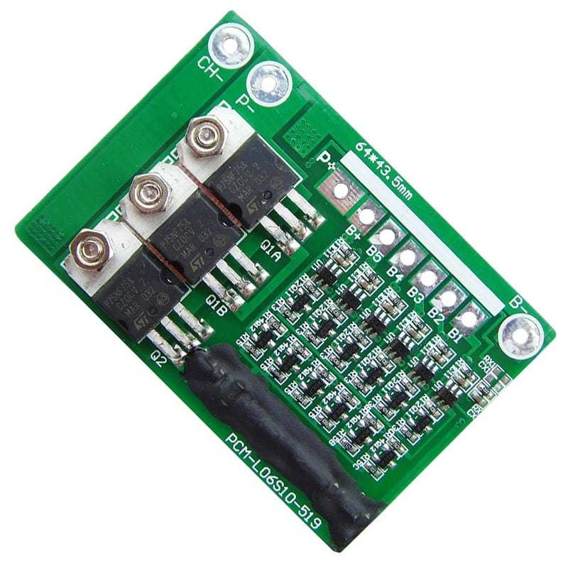 6s C: 5A D: 10A PCM BMS for 21.6V 22.2V Li-ion/Lithium/ Li-Polymer 18V 19.2V LiFePO4 Battery Pack Size L64*W43.5*T8mm (PCM-L06S10-519)