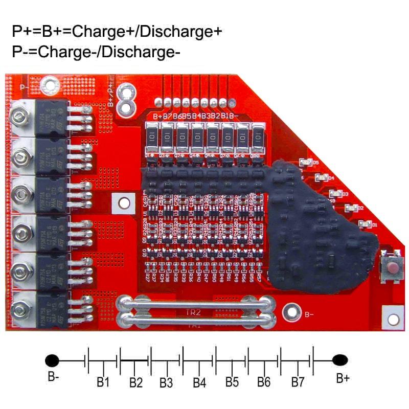 8s 15A PCM BMS for 28.8V 29.6V Li-ion/Lithium/ Li-Polymer 24V 25.6V LiFePO4 Battery Pack with LED Power Indicator (PCM-L08S15-466)