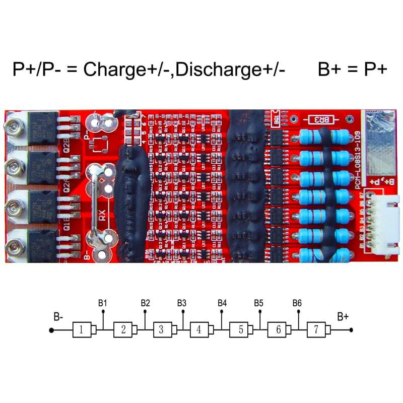 5s-8s 15A PCM BMS for 28.8V 29.6V Li-ion/Lithium/ Li-Polymer 24V 25.6V LiFePO4 Battery Pack Size L120*W47*T9mm (PCM-L07S13-146)