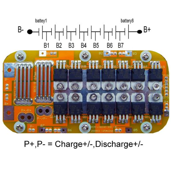 8s 30A PCM BMS for 28.8V 29.6V Li-ion/Lithium/ Li-Polymer 24V 25.6V LiFePO4 Battery Pack Size L100*W100*T9mm (PCM-L08S30-300)
