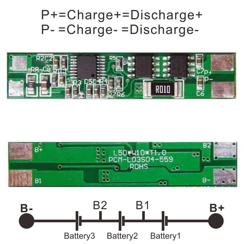 3s 4A PCM BMS for 10.8V 11.1V 12V Li-ion/Lithium/ Li-Polymer 9V 9.6V LiFePO4 Battery Pack Size L50*W10*T3mm (PCM-L03S04-559)