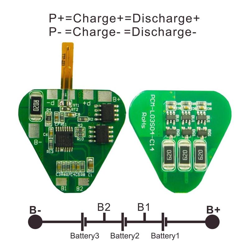 3s 3A Triangular PCM BMS for 10.8V 11.1V 12V Li-ion/Lithium/ Li-Polymer 9V 9.6V LiFePO4 Battery Pack Size L32*W29*T4mm (PCM-L03S04-C14)