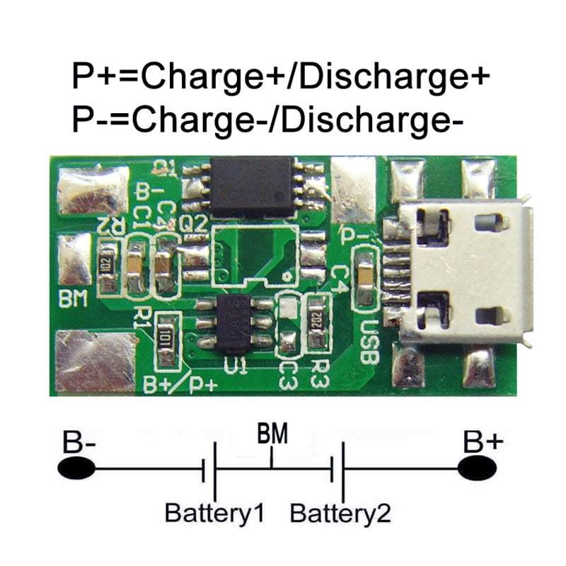 2s 5A PCM BMS for 7.2V 7.4V Li-ion/Lithium/ Li-Polymer 6V 6.4V LiFePO4 Battery Pack with USB Size L25*W13*T5mm (PCM-L02S05-803)