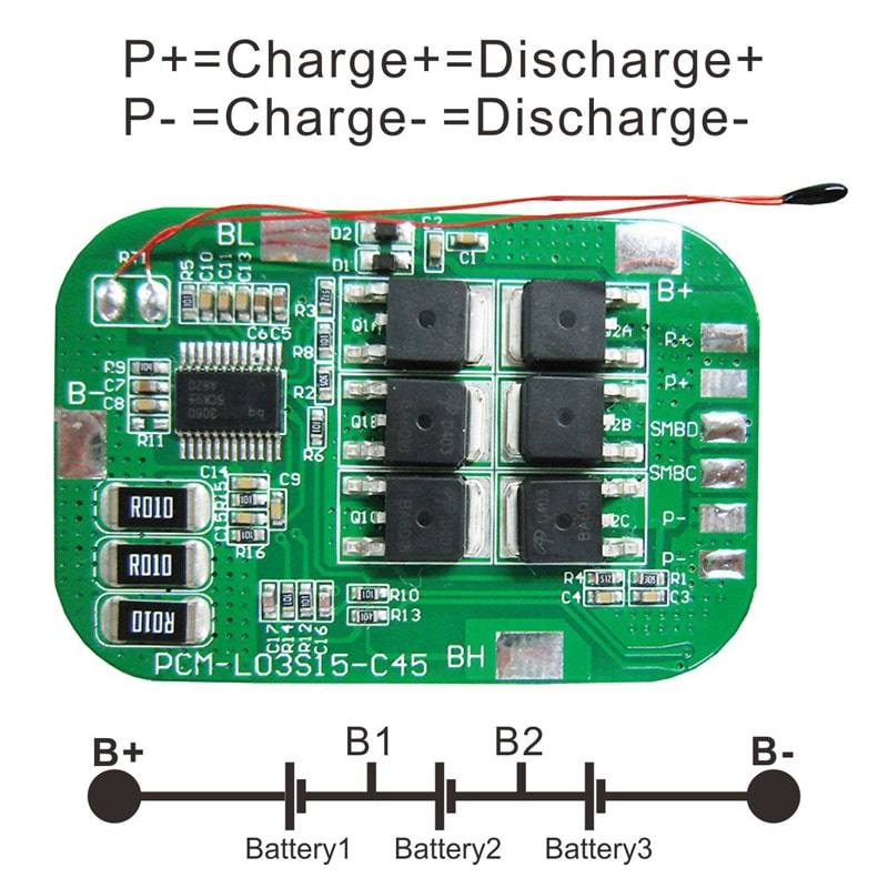 3s 15A PCM BMS for 10.8V 11.1V 12V Li-ion/Lithium/ Li-Polymer 9V 9.6V LiFePO4 Battery Pack with Smbus Size L54*W36*T4mm (PCM-L03S15-C45)