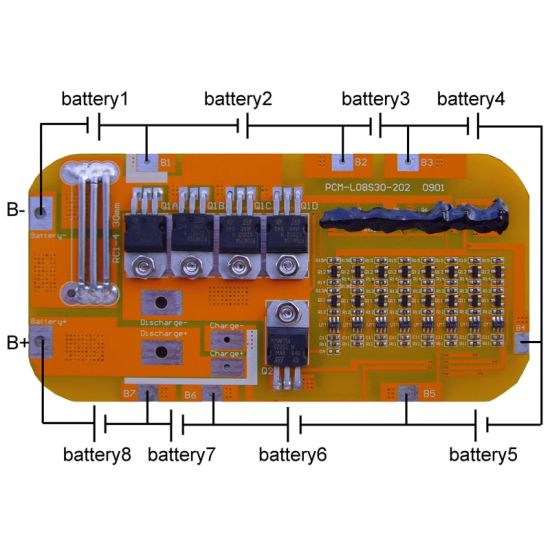 6s-8s C: 10A D: 35A PCM BMS for 28.8V 29.6V 32650/32700 Li-ion/Lithium/ Li-Polymer 24V 25.6V LiFePO4 Battery Pack Size L125*W62*T6mm (PCM-L08S30-202)